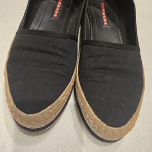 Prada Black Canvas Espadrille Flats with Natural Rope Trim